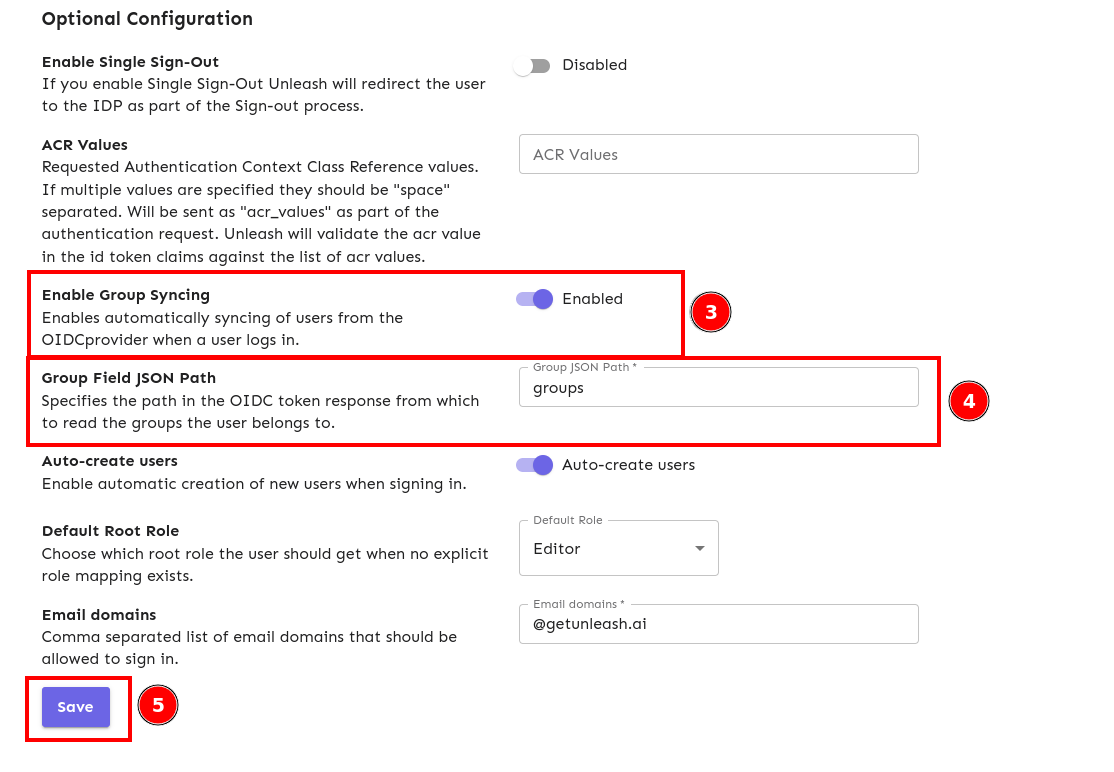 The Single sign-on configuration page with enable group syncing, group field JSON path and save inputs highlighted.